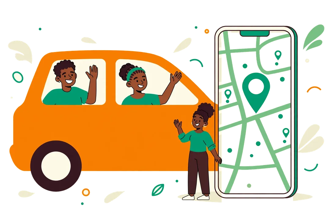 Covoiturage SIRA : une voiture orange, des passagers et une carte