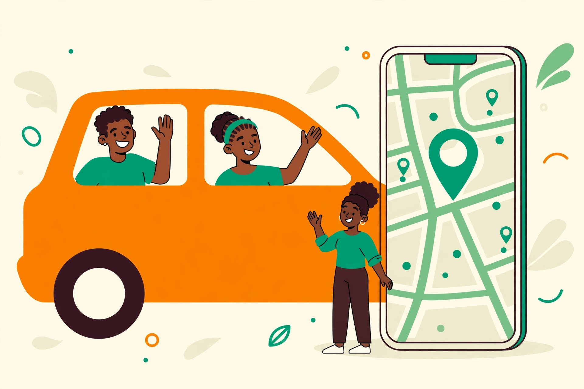 Covoiturage SIRA : une voiture orange, des passagers et une carte